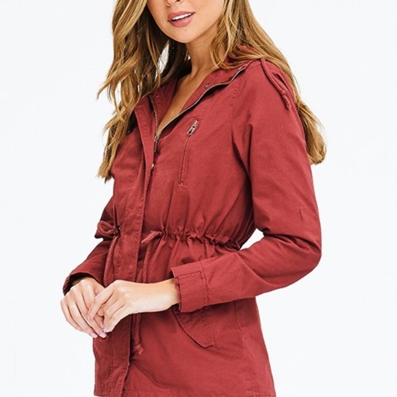 RUST RED COTTON DRAWSTRING WAIST HOODED POCKETED C - Picture 4 of 6